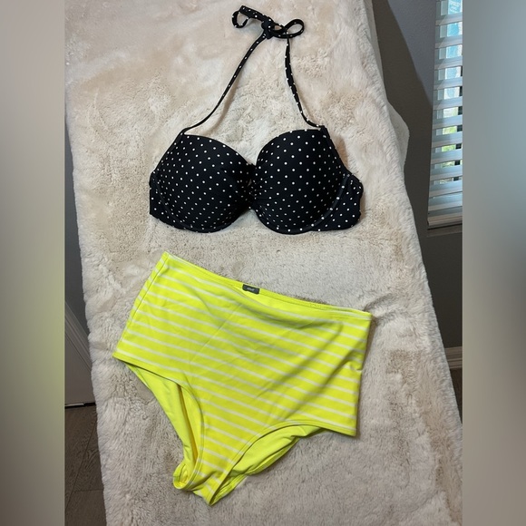 Polka Dot Black and Yellow Striped Women's Bikini Set - Picture 1 of 4